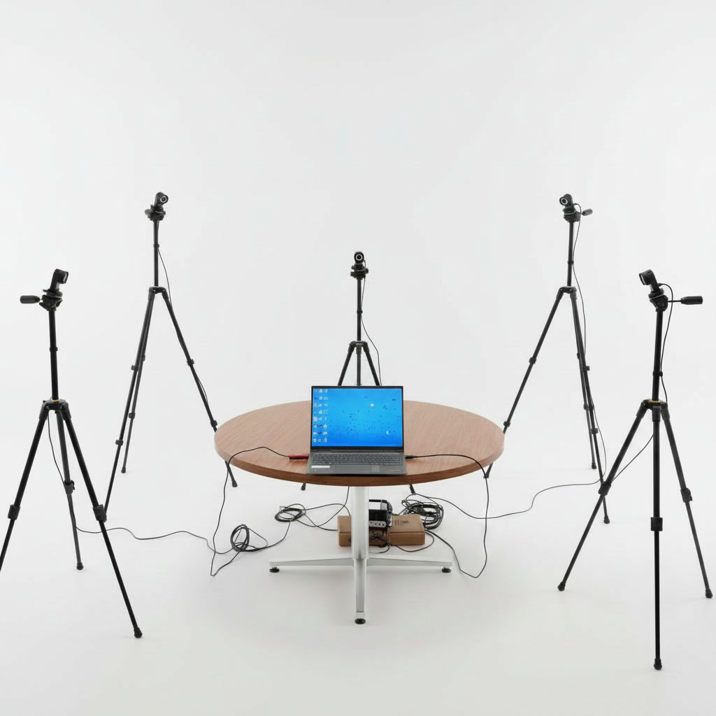 Rendering of the specimen room: five motion capture cameras on tripods encircling a small round table with a laptop.