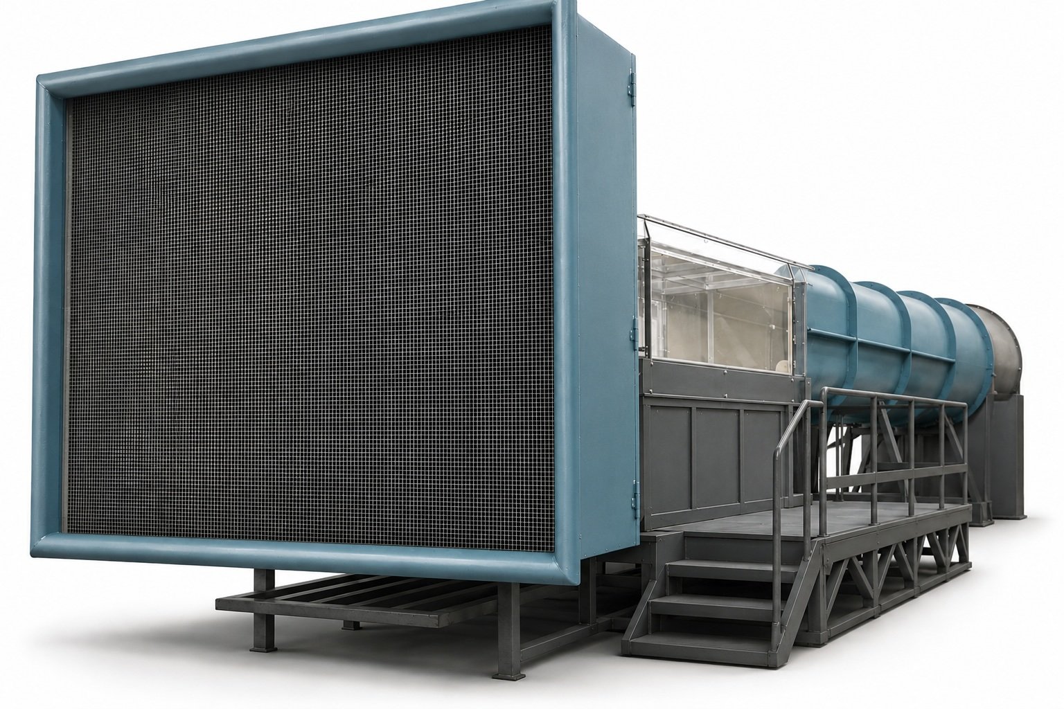 Rendering of the wind tunnel: a blue intake narrowing into a silver test section, then a tube to the fan.