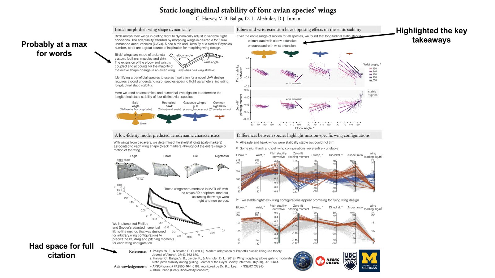 Annotated conference poster: "Static longitudinal stability of four avian species' wings."